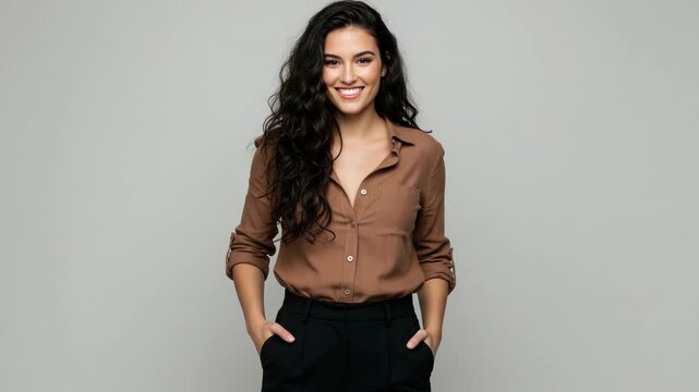 A confident young woman with long, dark, curly hair smiles happily at the camera, wearing a brown buttondown shirt and black pants, standing with hands in pockets