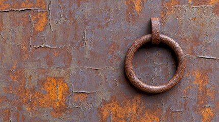 Heavy rust textures on aged metal plate with a rugged iron ring embedded