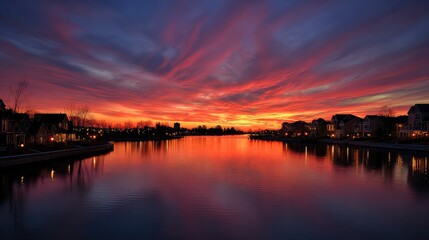 A spectacular sunset with gradient orange and purple clouds and a cityscape in the distance creates a panoramic abstract skyscape.