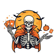 Cartoon skeleton magician with cards, cape, pumpkin, bats, and moon for Halloween.