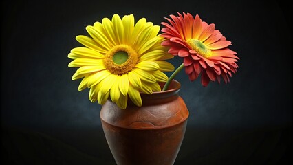 3D vibrant yellow and red gerbera daisy blooming gracefully in a rustic brown vase, displayed against deep black background