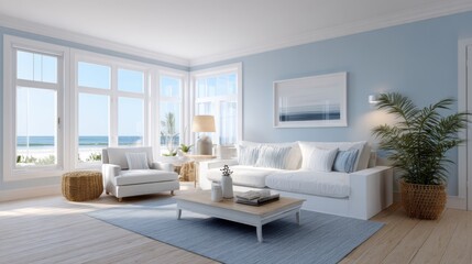 Bright Coastal Living Room with Ocean View and Natural Light