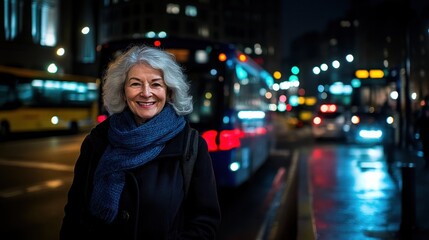 Senior woman smiling in night city