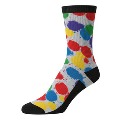 Colorful paint splatter sock with black accents and ribbed cuff detail isolated on white background