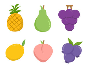 set of fruits colorful vector illustration perfect for web design, graphic design, and more. Includes pineapple, avocado, grape, lemon, peach, blueberry. Flat design