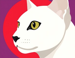 Profile view of a white cat, bold red circle