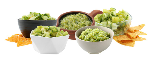 inviting assortment of green salsa with tortilla chips isolated on black