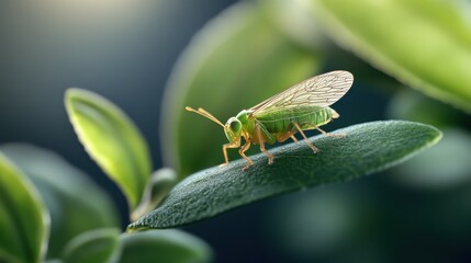 Leafhopper with shimmering body and semi-transparent wings captured in precise macro against soft foliage