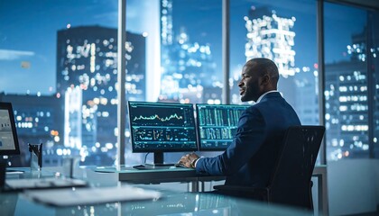 A businessman sits at his desk, working on dual monitors displaying financial data, overlooking a city at night
