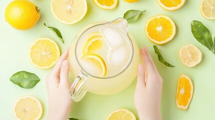 A pitcher of lemonade surrounded by slices of citrus fruits, refreshing summer vibe