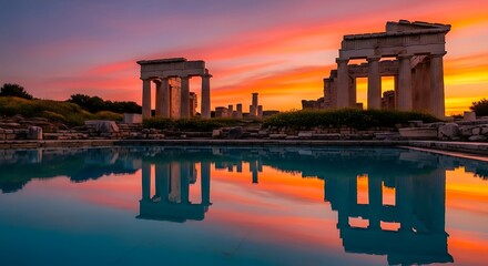 Fototapeta premium Ancient ruins reflected in a tranquil pool at sunrise.