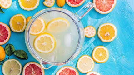 A pitcher of lemonade surrounded by slices of citrus fruits, refreshing summer vibe