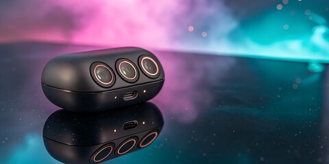 Luxury Black Wireless Earbuds Case with Rose Gold Circular Button Design and Vibrant Modern Lighting Reflection