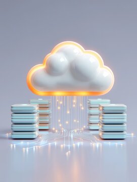 A stylized cloud with glowing edges is connected to sleek servers, symbolizing data storage and cloud computing technology.