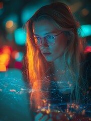 A focused young woman with glasses gazes at a computer screen, illuminated by vibrant colors and digital patterns.