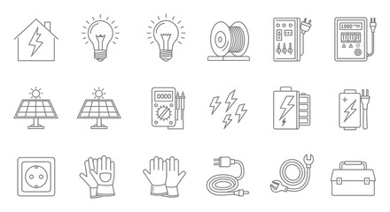 Collection of various electricity and energy related icons and symbols