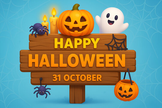 Happy halloween signboard with pumpkins ghost and spider on blue background for october 31
