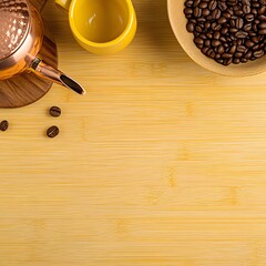 Copper Coffee Pot Yellow Mug Coffee Beans Bamboo Table Top View