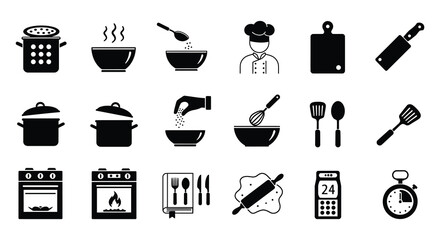 Black and white kitchen cooking icons and utensils on white background