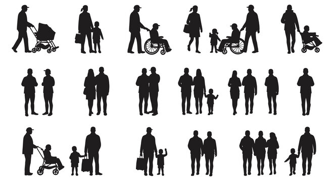 Black silhouettes of people in various family and social situations together