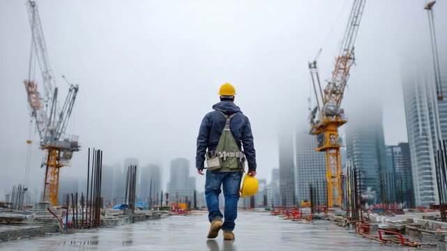 A construction worker in a yellow hard hat walks through a foggy construction site, surrounded by cranes and rising buildings, symbolizing progress and development in the industry.