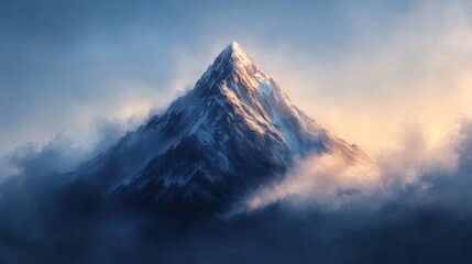 Snowy mountain peak, sunrise, clouds