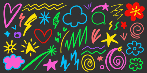 Colorful Hand Drawn Doodle Elements Collection on Dark Background shapes