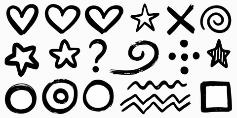 Collection of Hand Drawn Hearts Stars Circles and Shapes swirl question mark