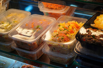 Delicious prepackaged meals in plastic containers offer convenience. Varieties like shrimp fried rice, seasoned ground meat, and other dishes create easy meal options for any occasion.