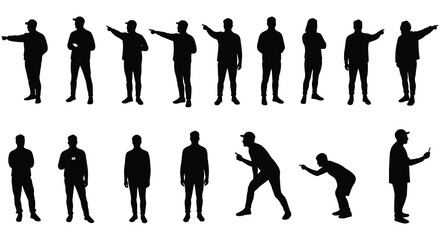 Collection of various black silhouettes of people in different poses and gestures