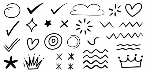 Collection of Hand Drawn Doodle Elements and Symbols on White Background check mark