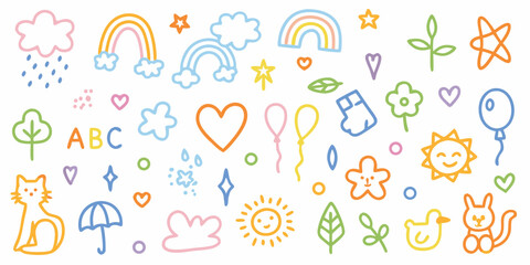 Colorful Hand Drawn Doodle Elements for Childrens Designs on White Background kids