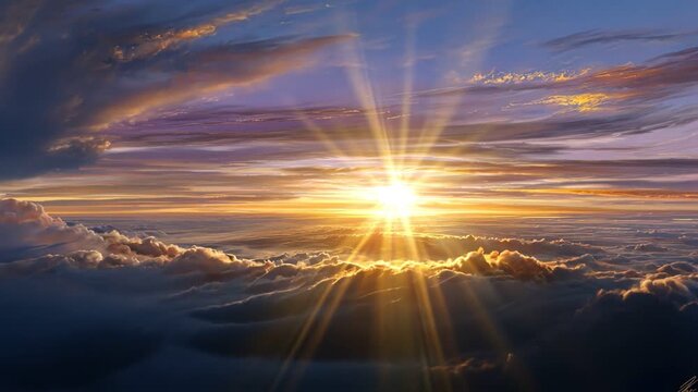 A breathtaking sunrise above the clouds brings a serene and tranquil atmosphere, showcasing vibrant colors of orange, pink, and gold lighting the sky and illuminating the fluffy cl