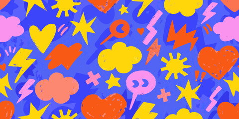 Vibrant Retro Pattern with Hand Drawn Hearts Lightning Bolts and Clouds abstract