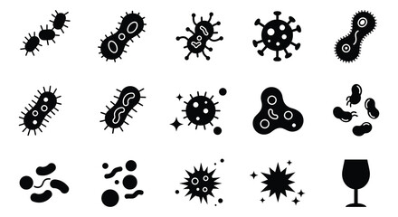 Collection of various bacteria and virus icons in black silhouette on white background