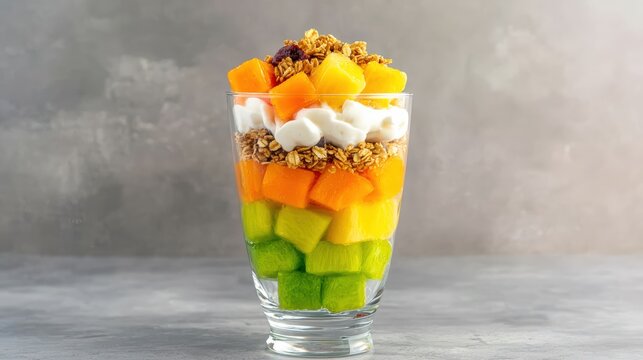 A parfait glass filled with yogurt, granola, and fruit, vertical orientation, inviting visuals