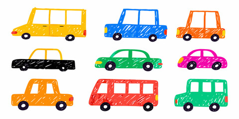 Collection of nine colorful hand drawn cars and a bus on white background vehicles © Ankan