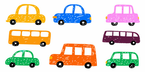 Assortment of seven colorful hand drawn vehicles including cars and buses transportation