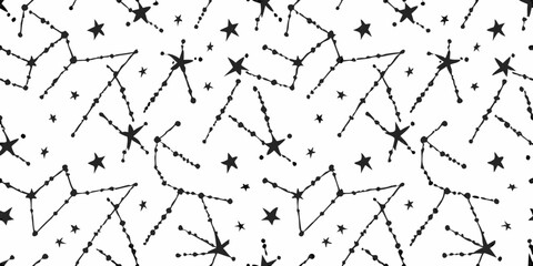 Seamless Pattern of Hand Drawn Constellations and Stars on White Background night sky