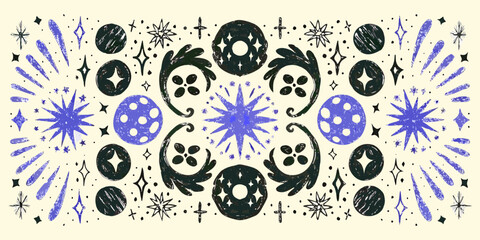 Fototapeta premium Abstract celestial design with stars moons and sunbursts in blue and black pattern