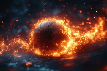 Basketball engulfed in vibrant orange flames and smoke with glowing embers fire burning