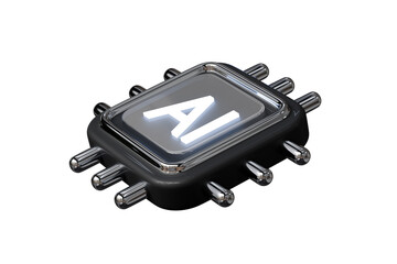 Fototapeta premium 3d AI chip icon. artificial intelligence hardware concept. Minimal cartoon black processor with glowing letters for modern technology isolated on white background. 3d render.