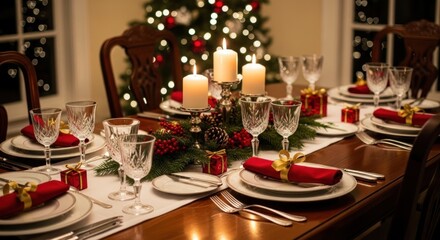 A festive dining table is set for a holiday meal. Lit candles centerpiece, place settings w/ red napkins, gift boxes, & a decorated tree