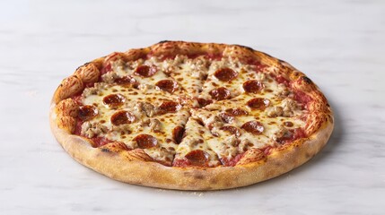 A pizza pie with bubbling cheese, dynamic angle, mouthwatering appeal