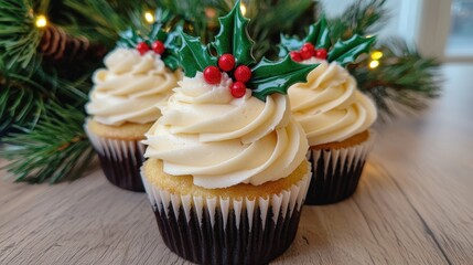 A trio of cupcakes with decorative frosting, festive colors, balanced layout