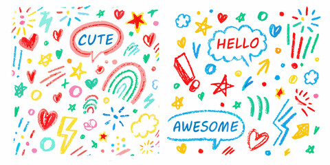 Hand Drawn Colorful Doodles and Speech Bubbles with Positive Words drawing cute