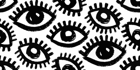 Black and white abstract pattern of stylized eyes with bold brush strokes vector