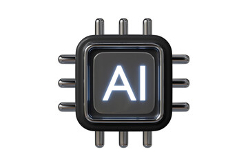 3d AI chip icon. artificial intelligence hardware concept. Minimal cartoon black processor with glowing letters for modern technology isolated on white background. 3d render.
