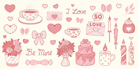 Romantic Pink Illustrations for Valentine's Day with Cakes and Flowers love heart