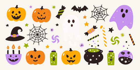 Assortment of Cute Halloween Icons With Pumpkins Ghosts And Candy holiday spooky